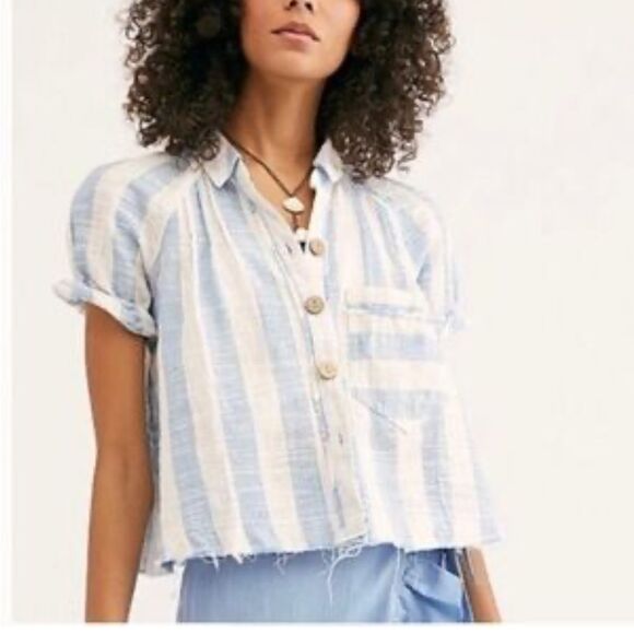 We The Free x Free People Striped Linen Blend Shirt Medium - Picture 1 of 6